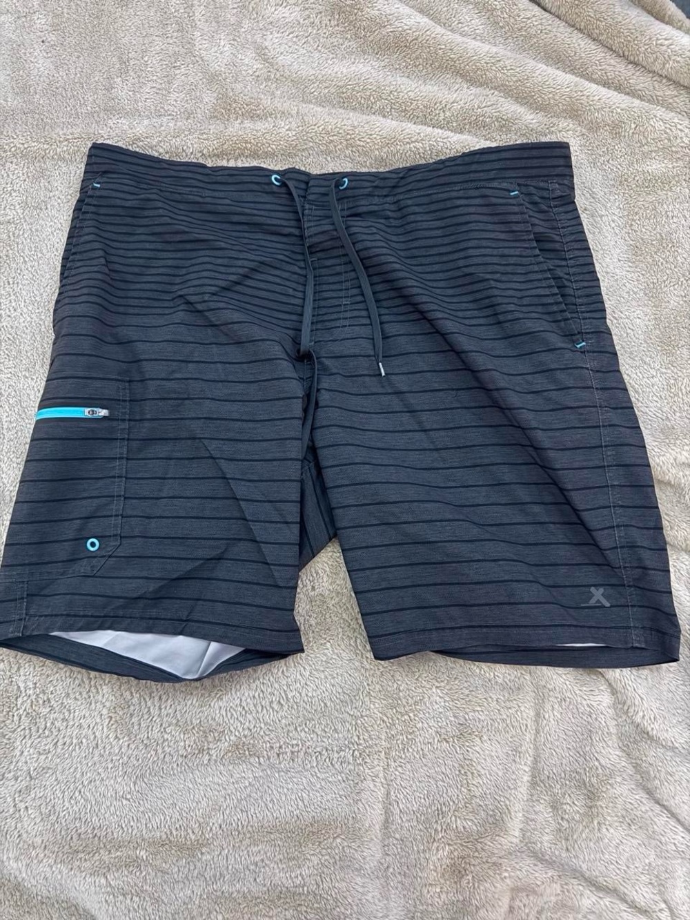ZeroXposur Black Striped Swim Hybrids with Aqua Accents
